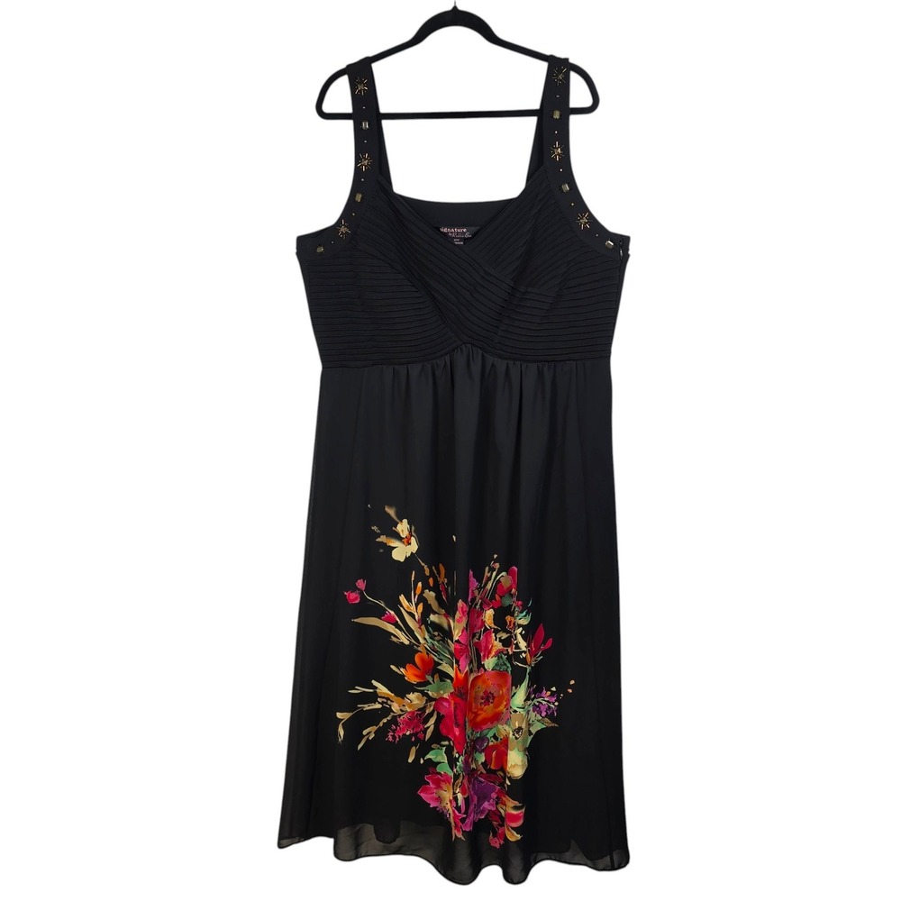 Signature by Robbie Bee Midi Dress Woman 22W Black Floral Embellished Pleated